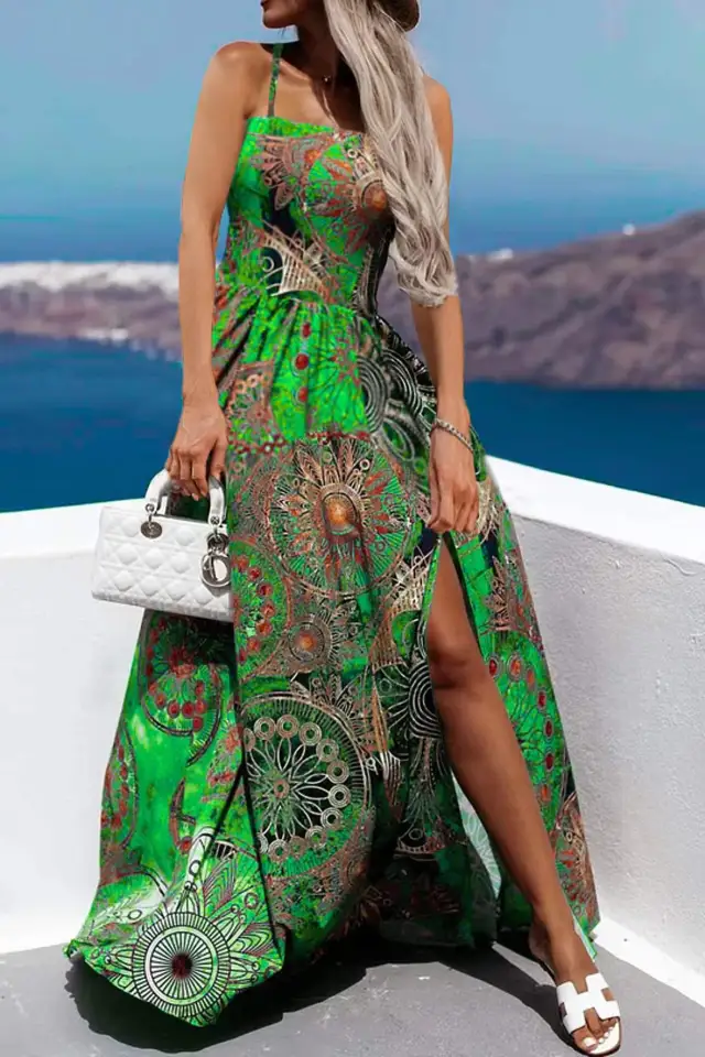 Bohemian Spaghetti Strap Dress For Women Green - Shop at LoveMi