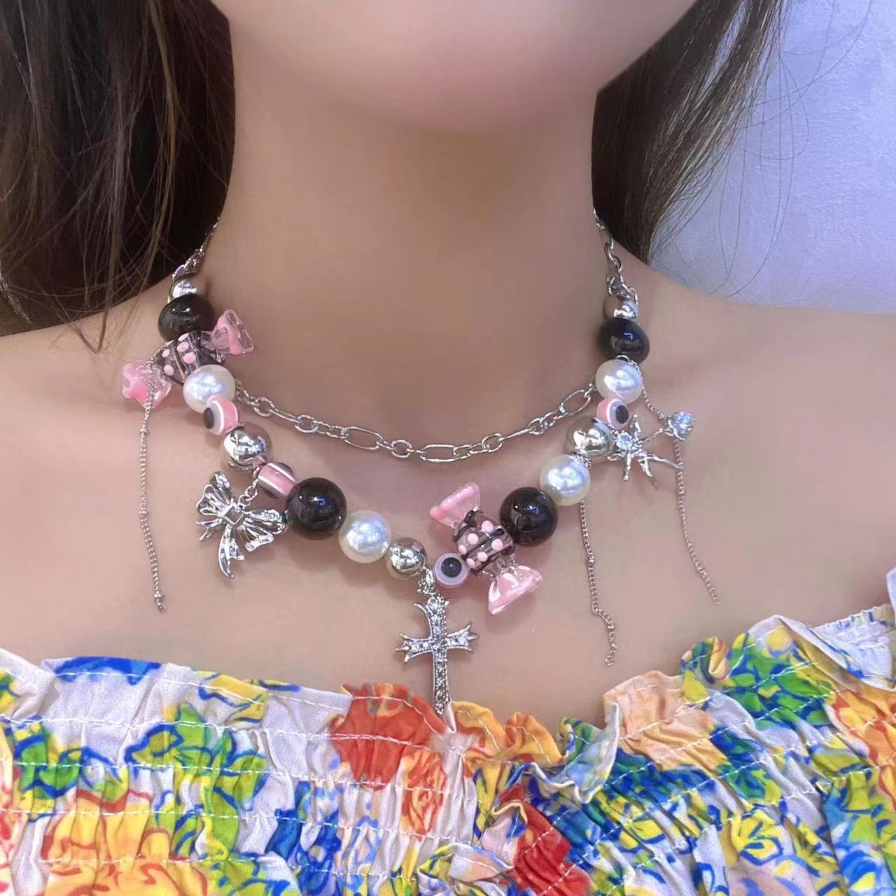 Sweet Cool Dark Y2g Hot Girl Candy Cross Double-layer Millennium Necklace