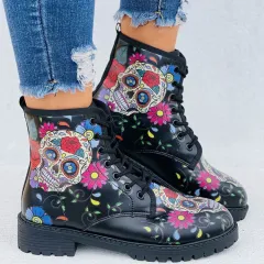 Skull 3D Printed Women's Ankle Boots - Black - View 1