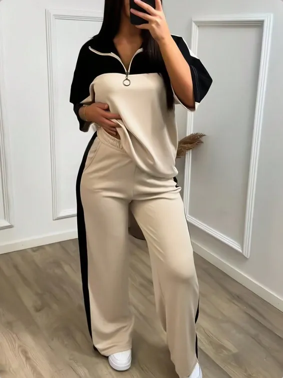 Womens Color Block Minimalist Casual Chic Sportswear Set Skin Color Xl - Shop at LoveMi