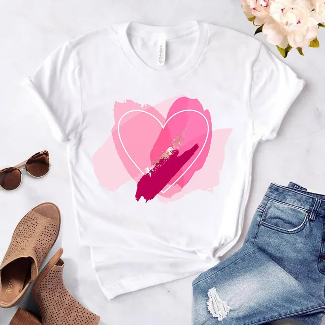 Women's Heart shaped Flower Print Round Neck Short Sleeve D117 - Shop at LoveMi