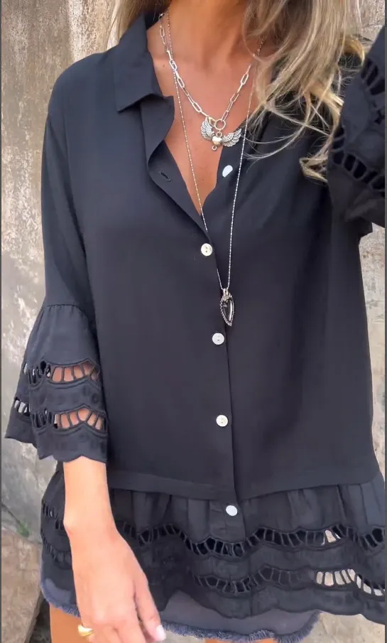 Lapel Long Sleeve Lace Ruffles Lotus Leaf Loose Shirt Black - Shop at LoveMi