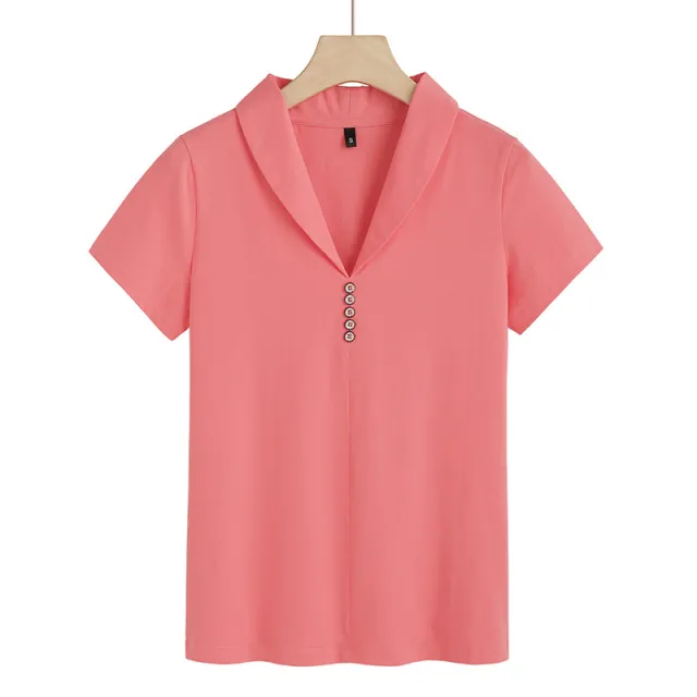 Slim fit Split Solid Color And V neck Button Short Sleeve Red - Shop at LoveMi