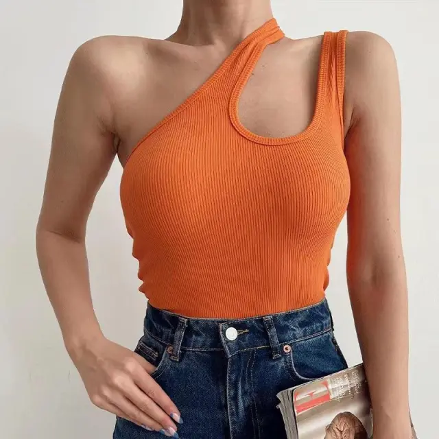 European And American Sunken Stripe Knitted Vest Solid Color Short Oblique Shoulder Irregular Orange - Shop at LoveMi