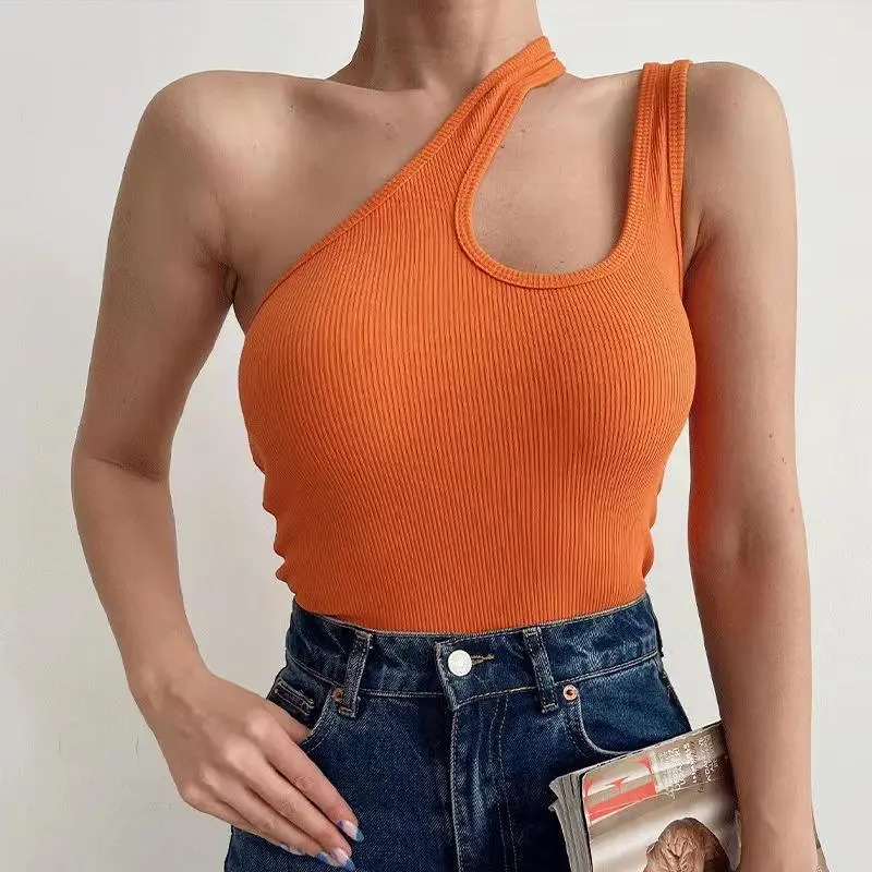 European And American Sunken Stripe Knitted Vest Solid Color Short Oblique Shoulder Irregular - Orange