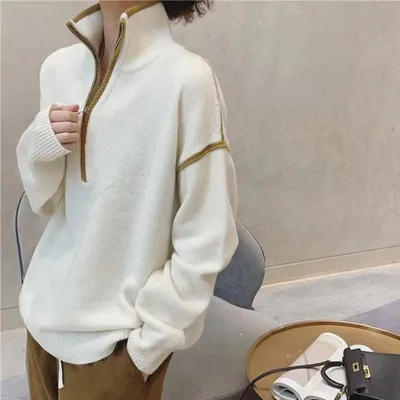 Women's Stand Collar Sweater Loose Short Thick Sweater Half Zipper White - Shop at LoveMi