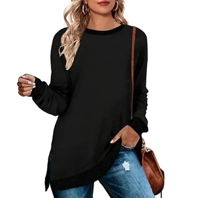 Long Sleeve Round Neck Multicolor Split Top Loose Leisure Pullover T shirt Black - Shop at LoveMi