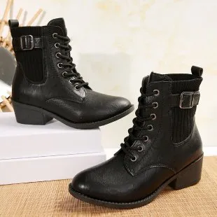 Women's Autumn And Winter Platform Wedge Pointed Toe Lace Up Casual Black British Ankle Boots Black - Shop at LoveMi