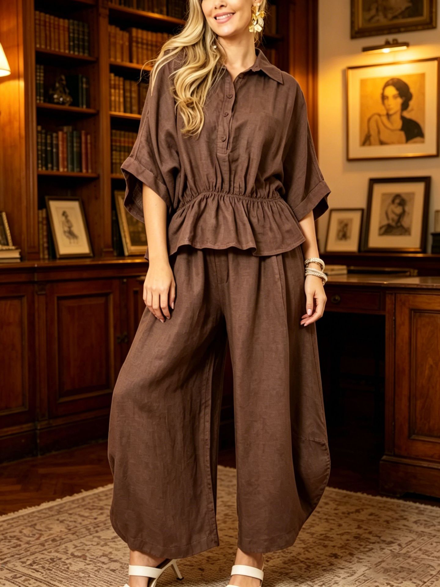 Women's plus size two-piece set in dark brown – lifestyle styling