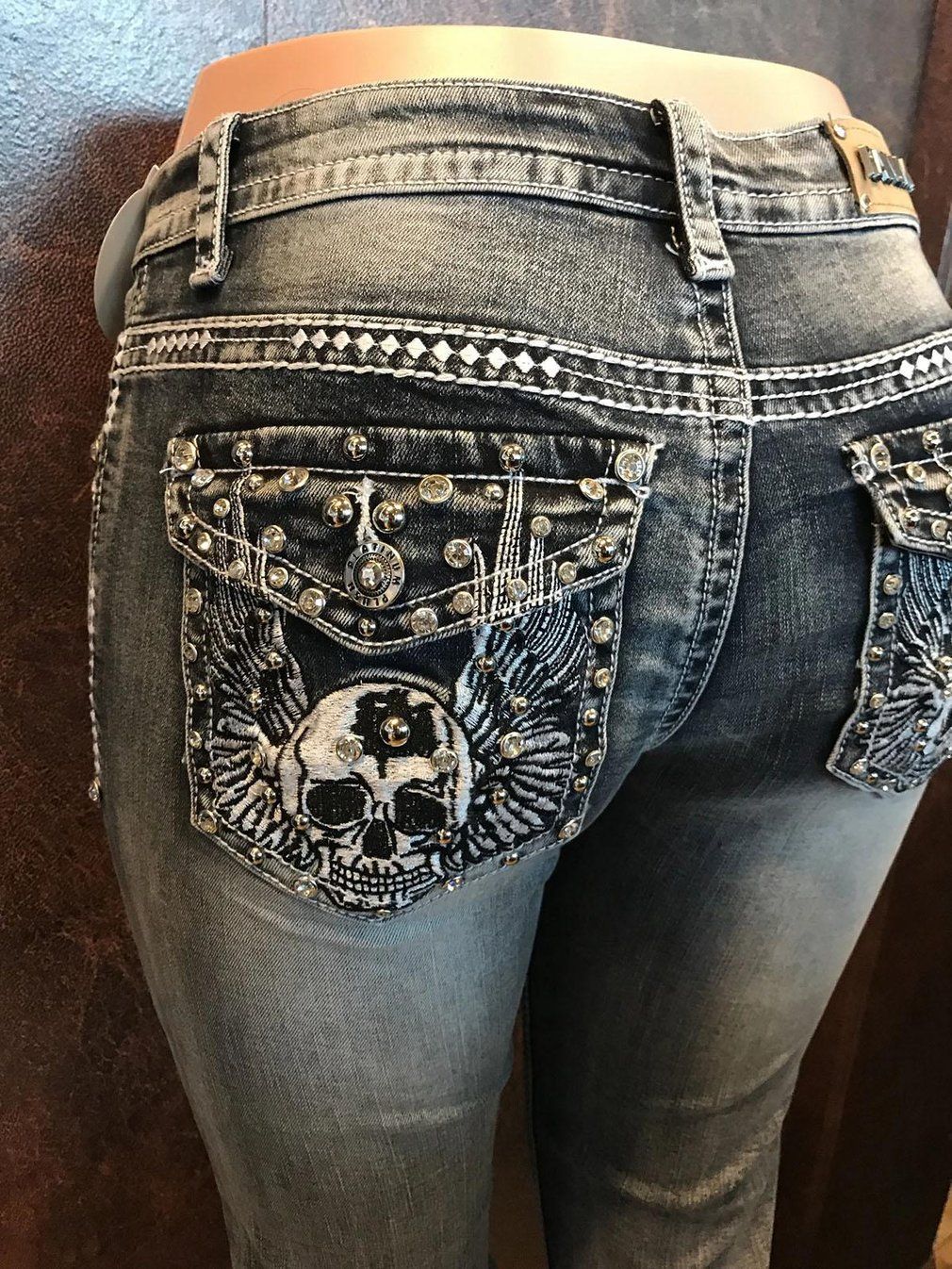 European And American Hot Pants New Retro Embroidered Skull Hot Rhinestone Elastic Slim Fit Slimming Skinny Denim Trousers Black - Shop at LoveMi