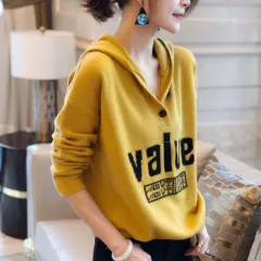 Pullover Hooded Fashionable Stylish Sweater Loose Sweater Coat - Yellow - View 1