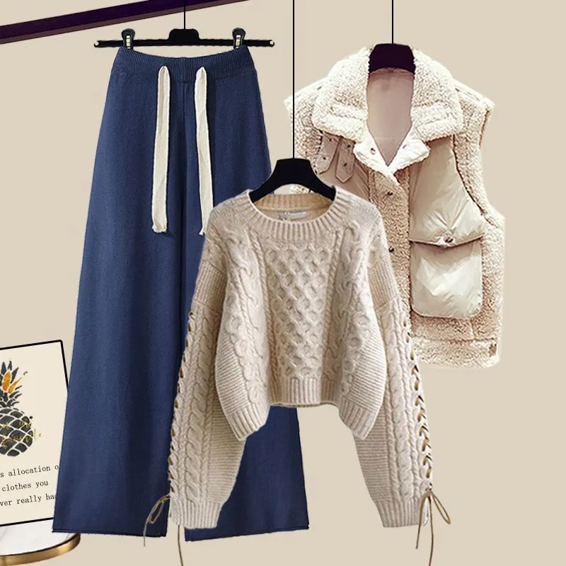 Women's Autumn And Winter Thickened Vest All-matching Knitted Sweater Wide Leg Pants Three-piece Suit - Style4