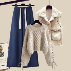 Women's Autumn And Winter Thickened Vest All-matching Knitted Sweater Wide Leg Pants Three-piece Suit - Style4 - View 1