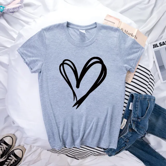Simple Double Love Pattern Printed Loose Short Sleeve Gray - Shop at LoveMi