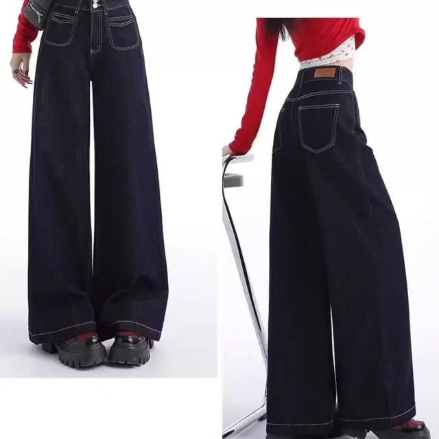 Retro Wide Leg Jeans Women's Spring And Autumn Loose Small High Waist Straight Dark Blue Trousers - Shop at LoveMi