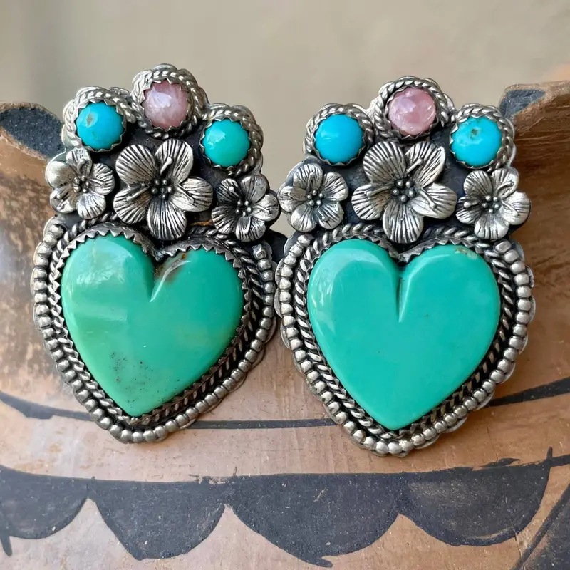 Retro Heart-Shaped Flower Turquoise Earrings For Women
