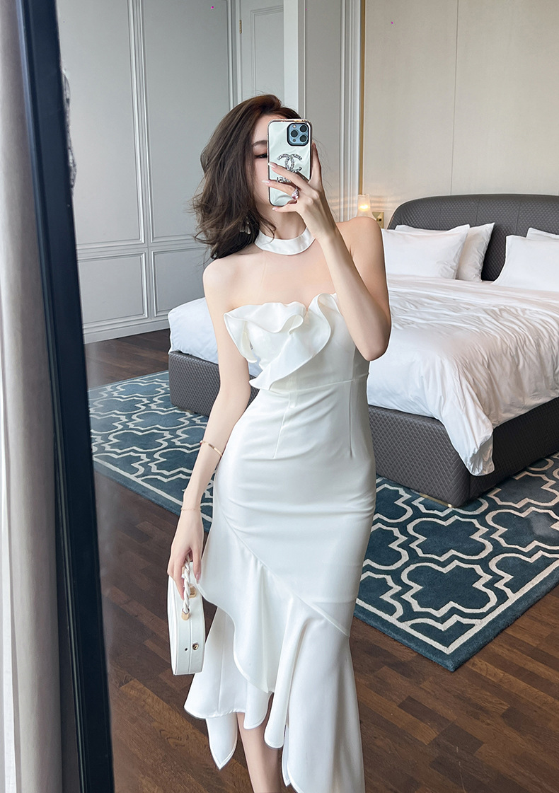 Summer Sexy Halter Off-the-shoulder Tube Top Ruffled Slim Irregular Fishtail Dress