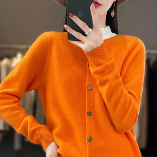 Fashion Merino Wool Cardigan Sweater Women O Neck Long sleeve Cashmere Knitwear Spring Autumn Female Clothing Tops Orange - Shop at LoveMi