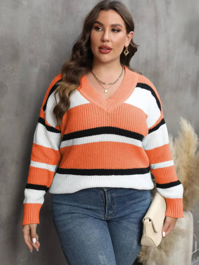V collar Contrast Color Stitching Fashion Sweater Women Orange - Shop at LoveMi