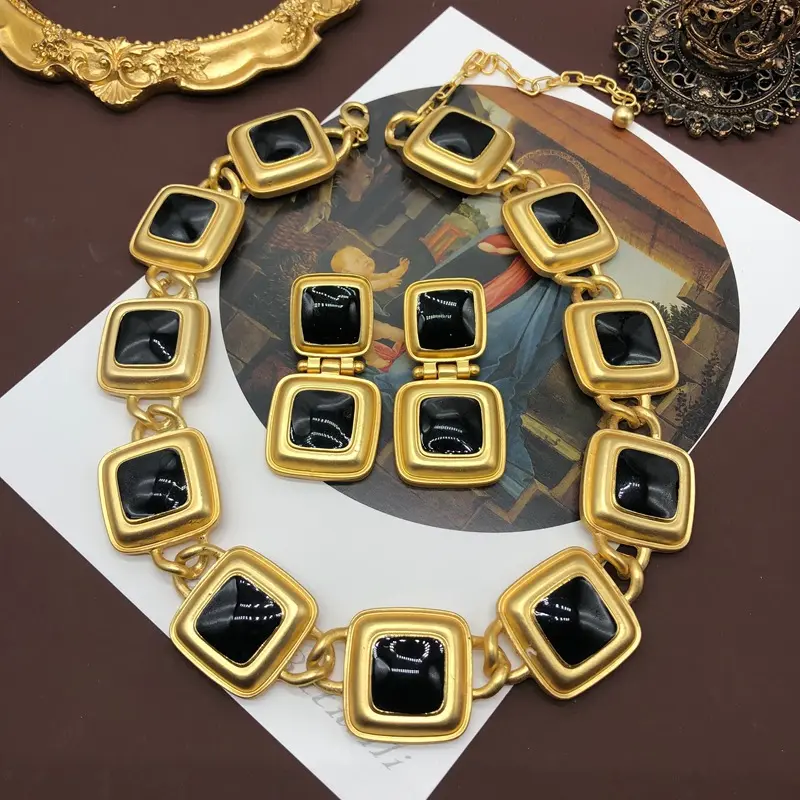 Antique Necklace Earrings Classic Black Enamel Suit