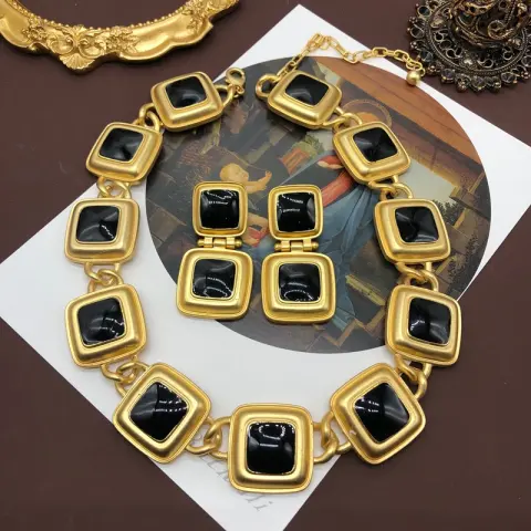 Antique Necklace Earrings Classic Black Enamel Suit