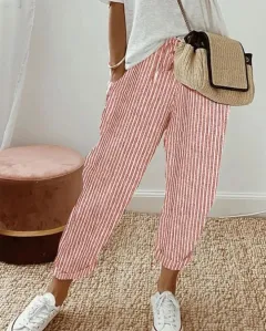 Summer Stripes Casual Pants Loose Elastic Waist Women - Red - View 1