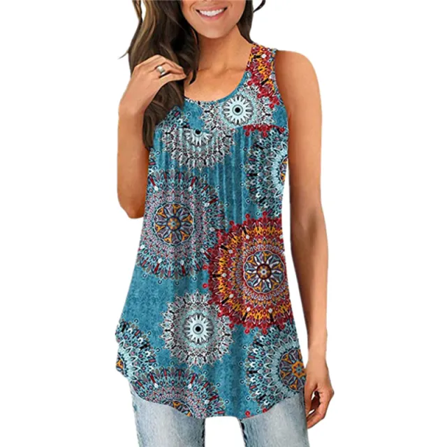Women's Printed Round Neck Pleated Sleeveless Vest Top Sunflower 5Xl - Shop at LoveMi