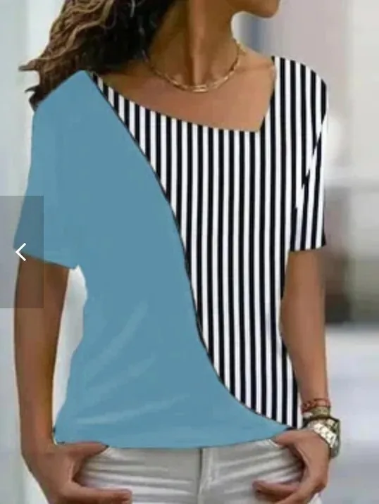 Women's Fashion Irregular Collar Printed T-shirt - Blue