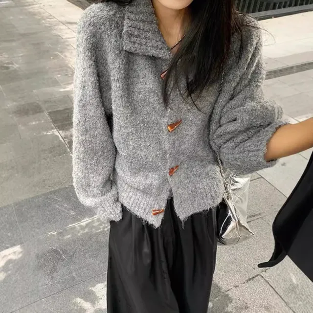 Soft And Comfortable Loose Short Thickened Horn Button Sweater Gray - Shop at LoveMi
