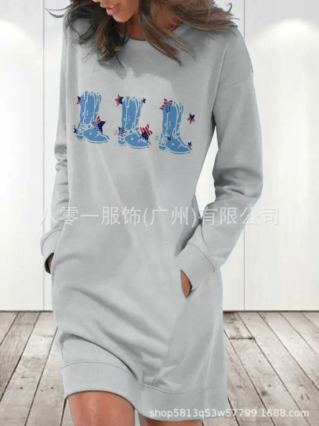 Women's Printed Round Neck Long sleeved Sweater Gray - Shop at LoveMi