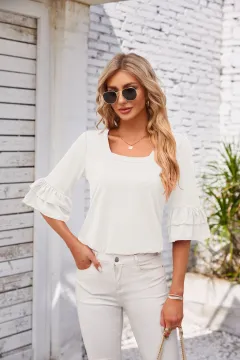 Square Collar Ruffled Half Sleeve Solid Colour Loose T-shirt - White - View 1