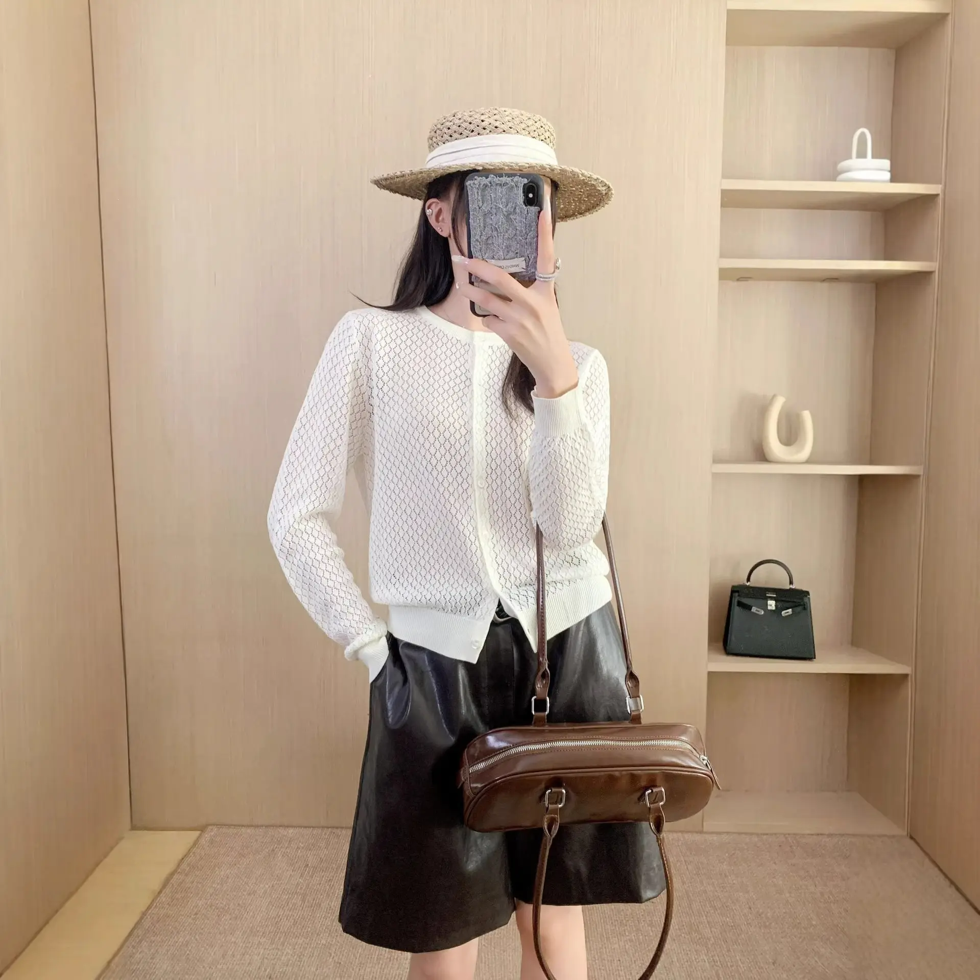 Original Design Rhombic Hollow-Out Jacquard Round-Neck Knitted