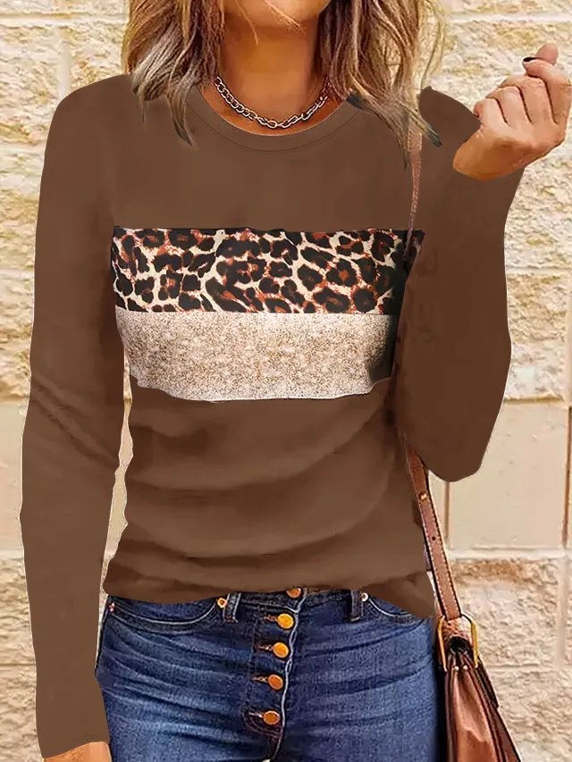 Women's Simple Casual Printing Long Sleeved Fitted T shirt Dark Brown - Shop at LoveMi