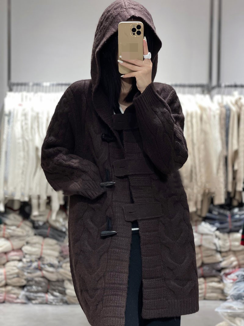 Twisted Hooded Jacket Horn Button Loose Casual Coffee - Shop at LoveMi