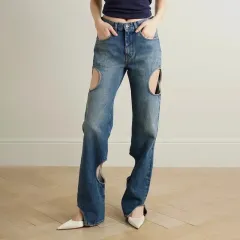 Fashion Casual High-grade Straight-leg Pants High Waist Hollow Design - Blue - View 1