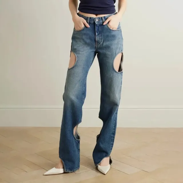 Fashion Casual High grade Straight leg Pants High Waist Hollow Design Blue - Shop at LoveMi
