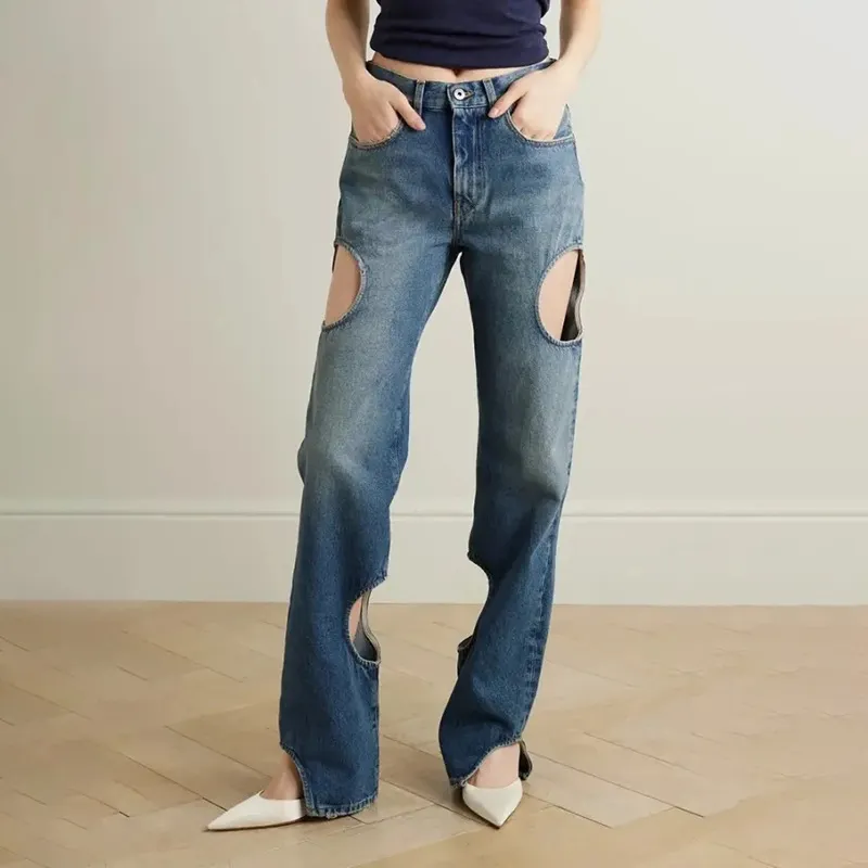 Fashion Casual High-grade Straight-leg Pants High Waist Hollow Design - Blue
