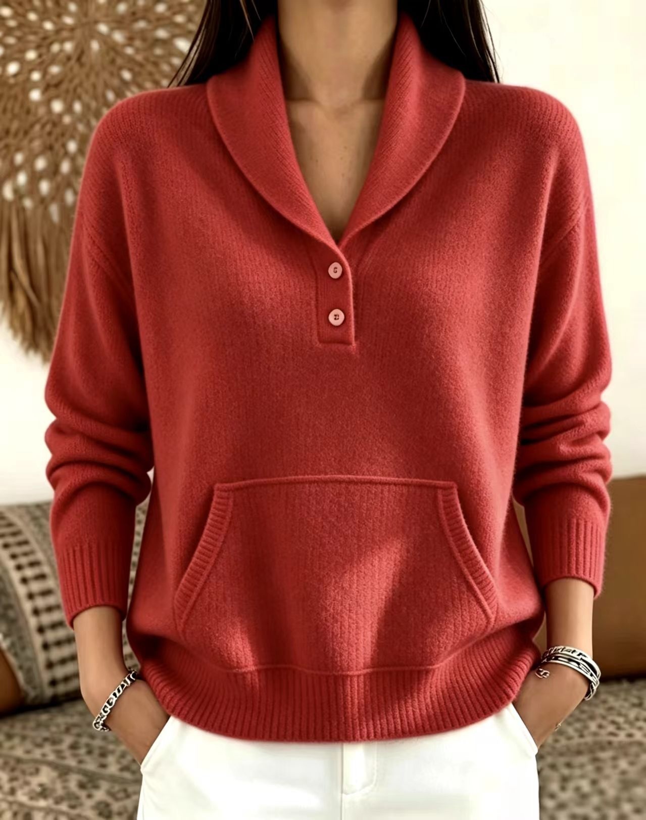 Suit Collar Button Kangaroo Pocket Sweater For Women 8