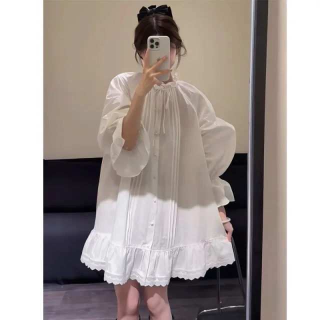 High end Lace Trim Lantern Sleeve Dress For Women White - Shop at LoveMi
