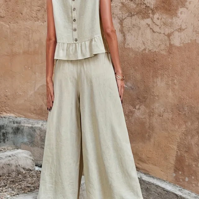 Women's Solid Color Ruffle Strap Tank Top Wide Leg Pants Set Apricot - Shop at LoveMi