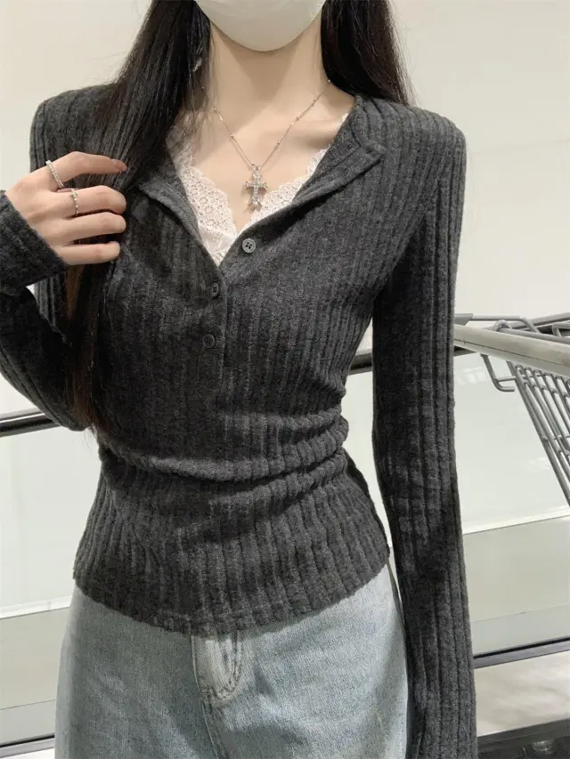 Button Half open Collar Brushed Lace Patchwork Waist Pleated Top Gray - Shop at LoveMi
