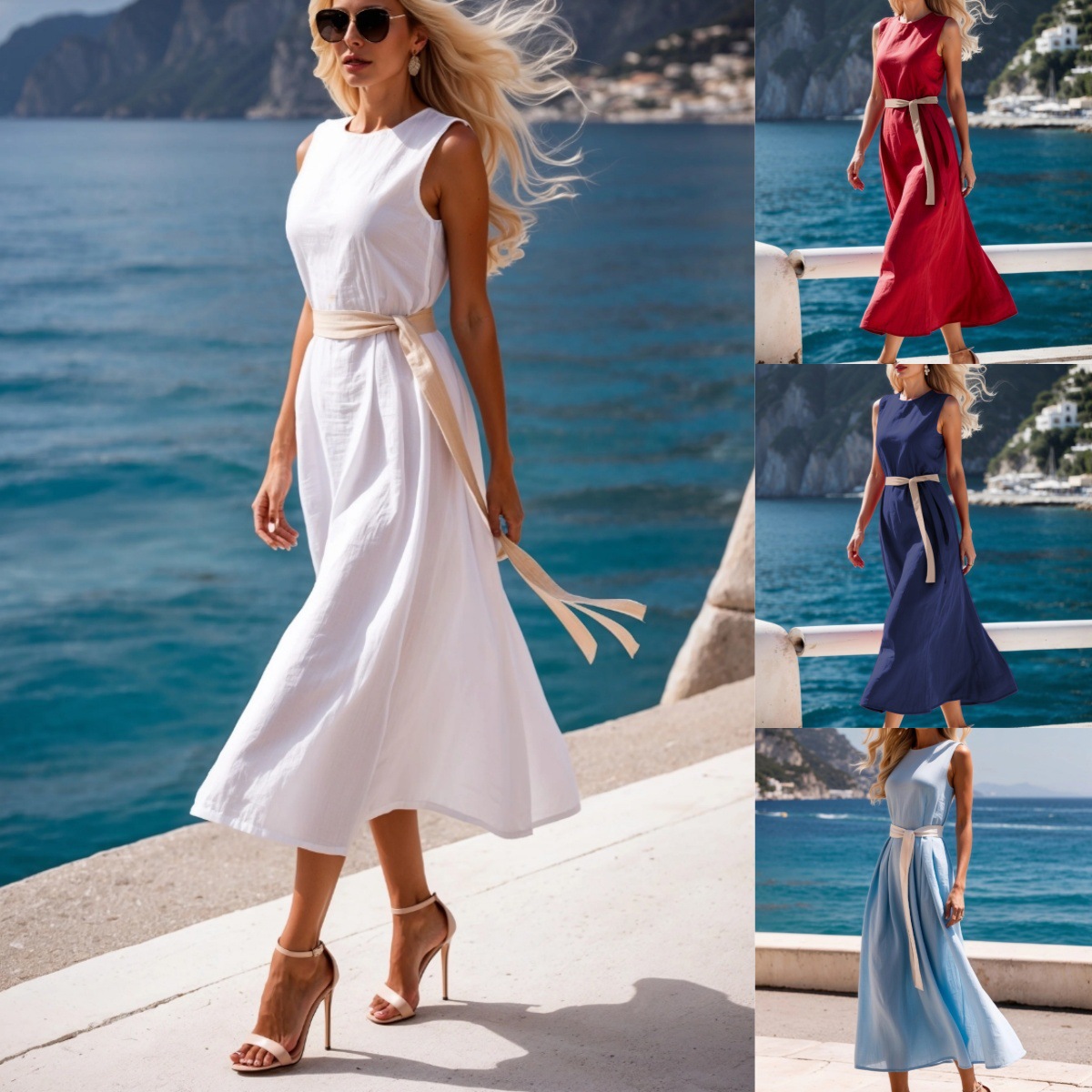 Solid Color Mid Length Dress With Waist Tie For Women