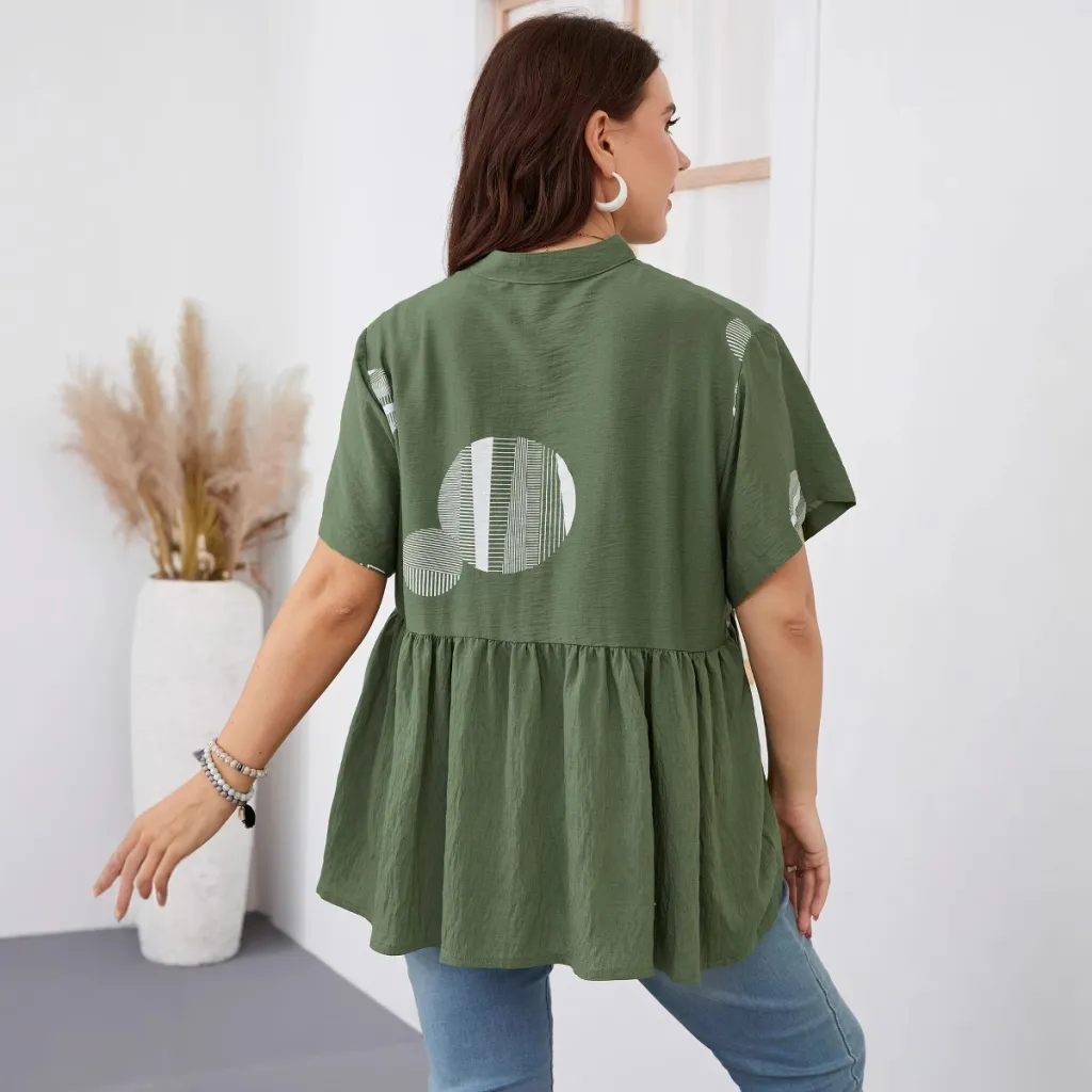 Women's Slim-fit Ruffled Short-sleeved Shirt - Dark Green