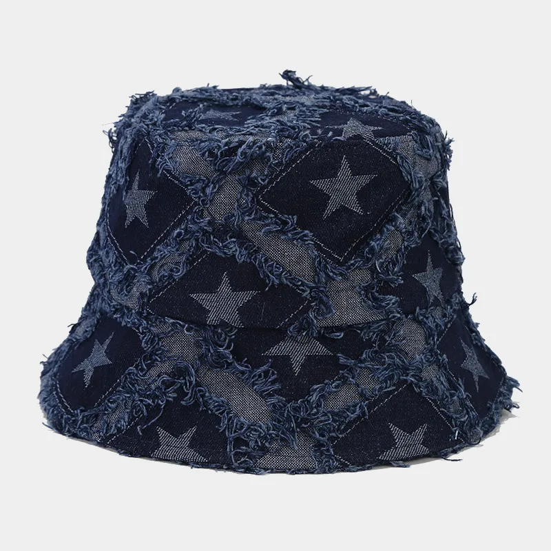 Autumn New Five-pointed Star Raw Edge Denim Bucket Hat - Dark Blue