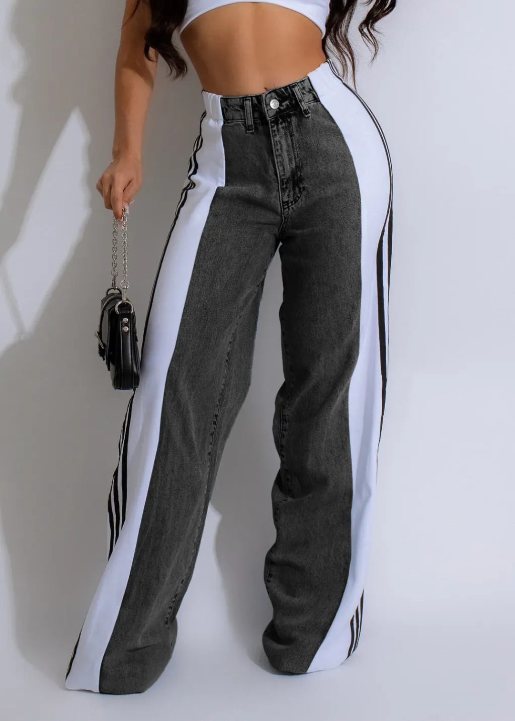 Summer Fashion Stitching Three Striped Wide Leg Denim Trousers For Women - Black Denim White G0668