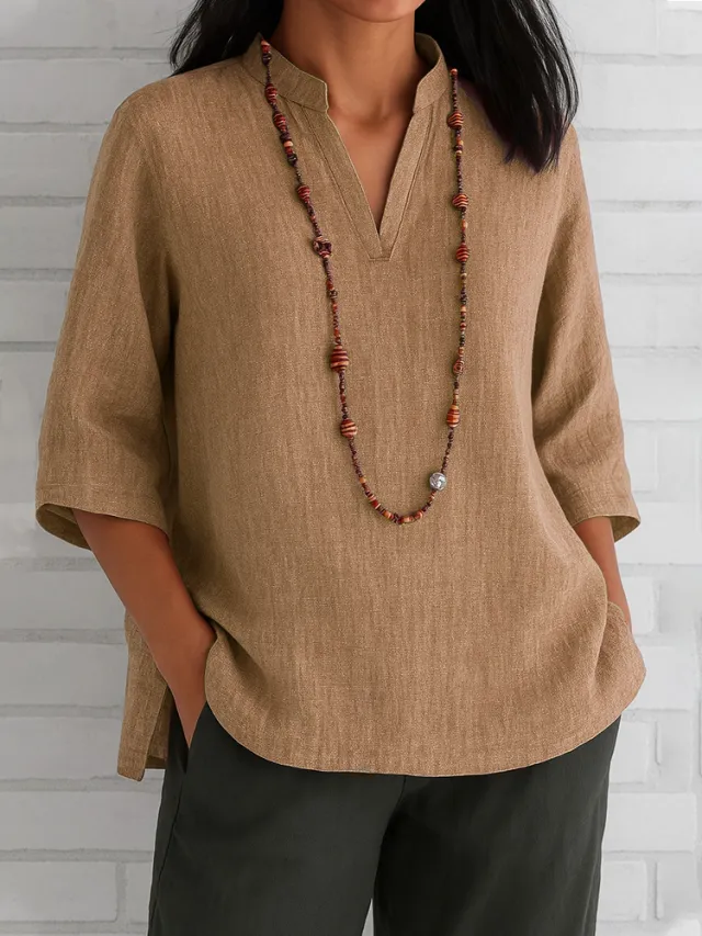 Summer Women's Clothing V neck 34 Sleeves Cotton And Linen Loose Casual Shirt Khaki - Shop at LoveMi