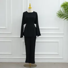 Fashion Solid Color Top Pants Two-piece Set - Black - View 1