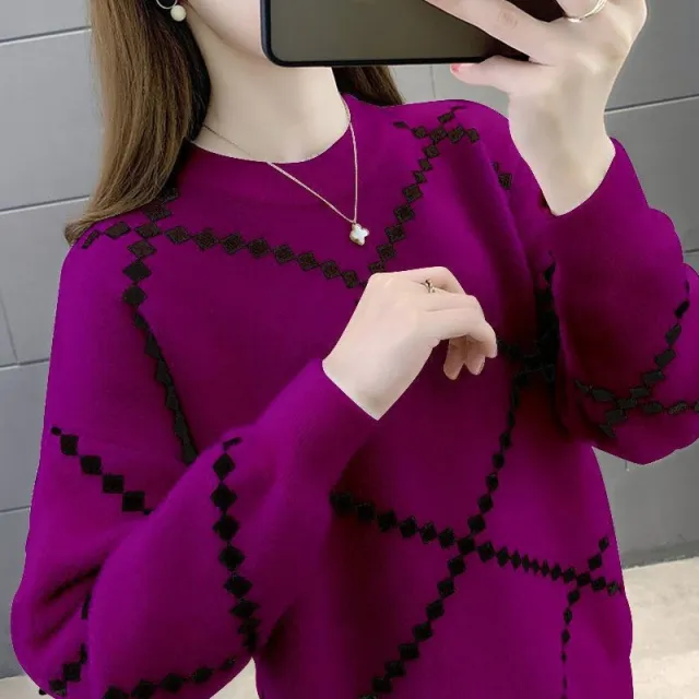 Western Style Loose fitting Pullover Round neck Knitted Bottoming Shirt Top Purple - Shop at LoveMi