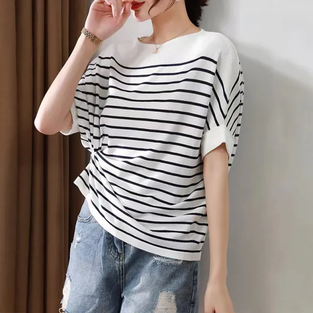 Women's Off neck Ice Silk Short Sleeve Knitwear All match Loose Striped Top White - Shop at LoveMi