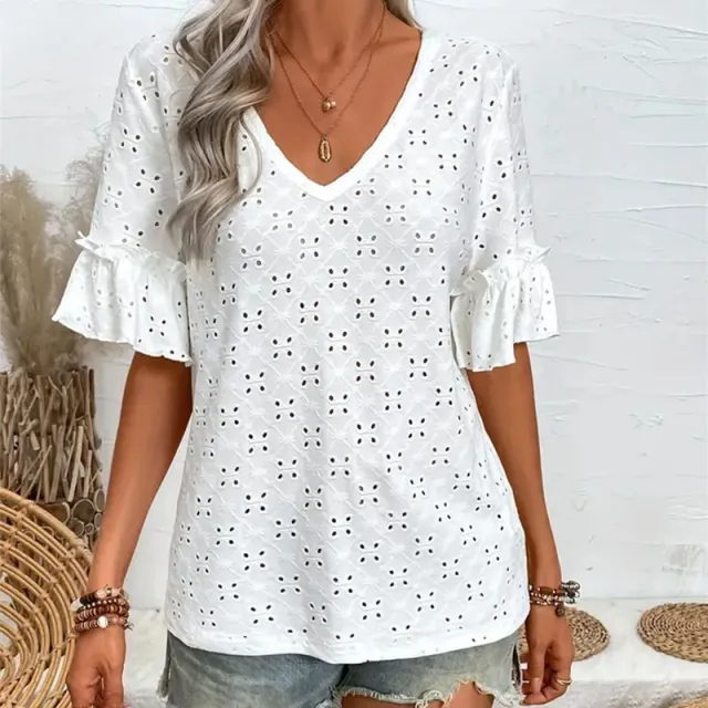 Knitted Embroidered Hollow Ruffled V neck Short sleeved Top Red - Shop at LoveMi